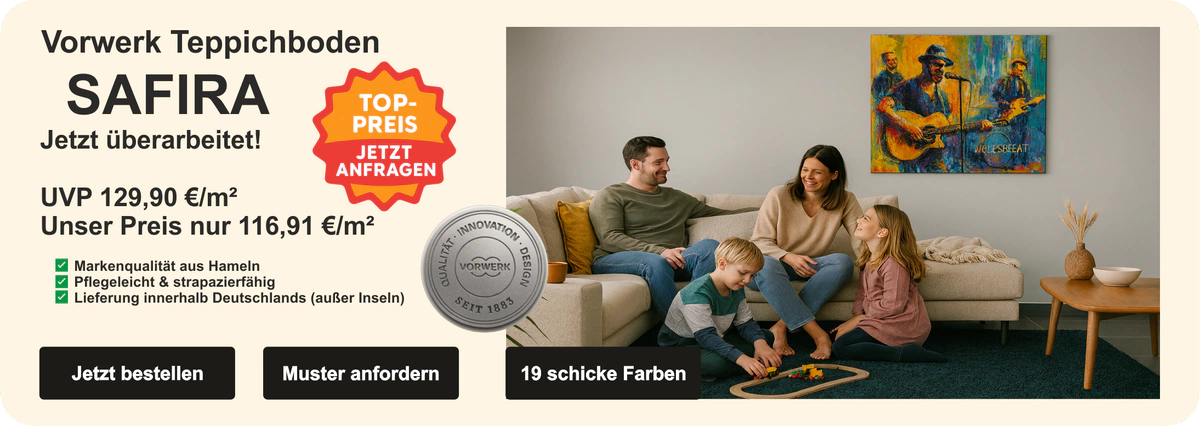 Werbebild für Vorwerk Teppichboden Safira: links Produktinfos mit Preis und Vorteilen, rechts Familie im Wohnzimmer auf dunkelgrünem Teppich mit buntem Wolfsbeat-Gemälde